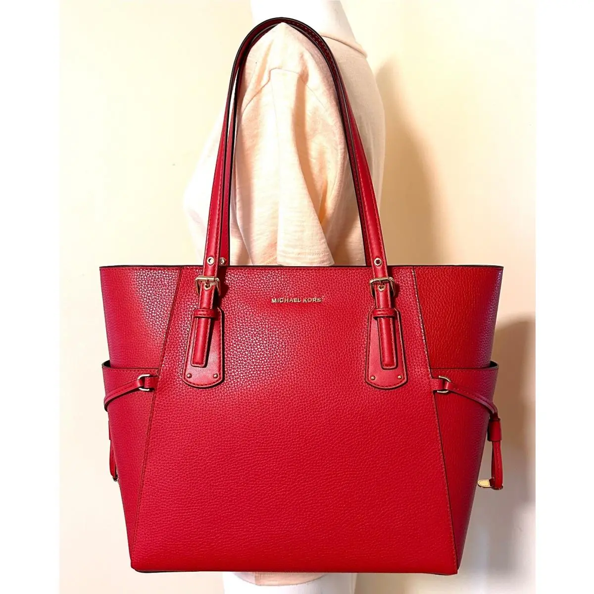 Voyager East West Pebbled Leather TZ Tote Shoulder Bag Red pebbled leather/gold by Michael Kors