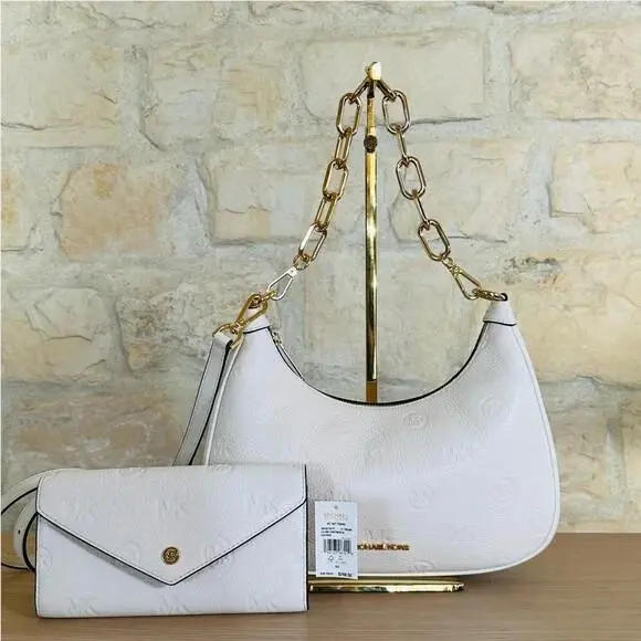 Michael Kors Cora Light Cream Zip Pouchette Leather Crossbody Bag/wallet Option
