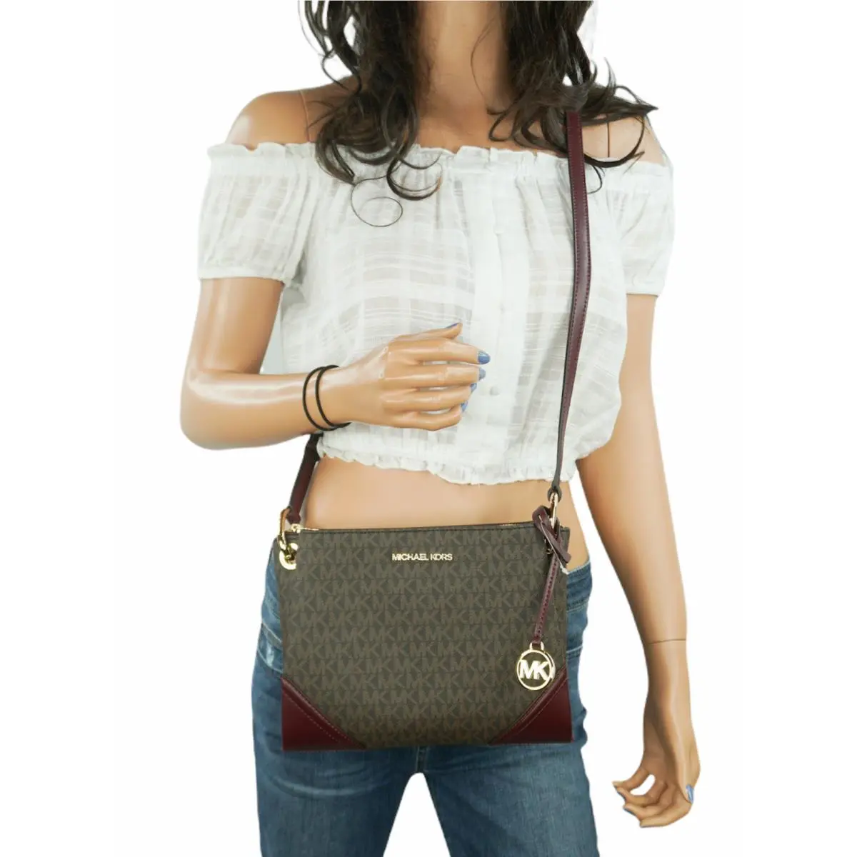 Nicole Large Triple Compartment Crossbody Bag MK Signature/solid MK Signature Brown Merlot by Michael Kors
