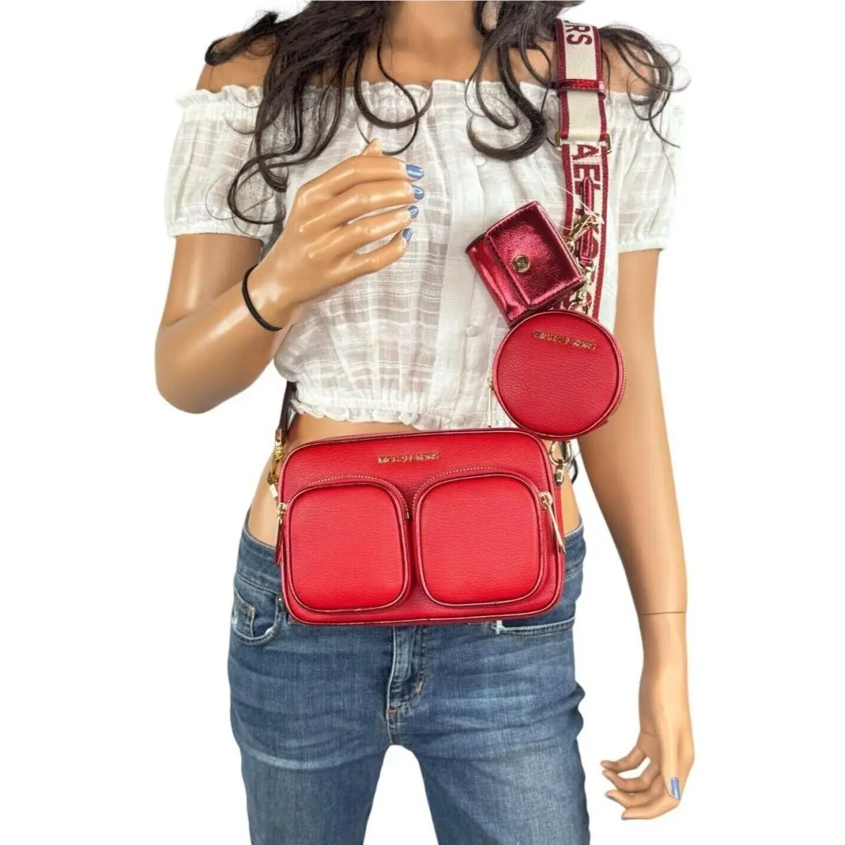 Jet Set Item Medium Crossbody Bag Tech Attached MK Signature/solid BRIGHT RED by Michael Kors