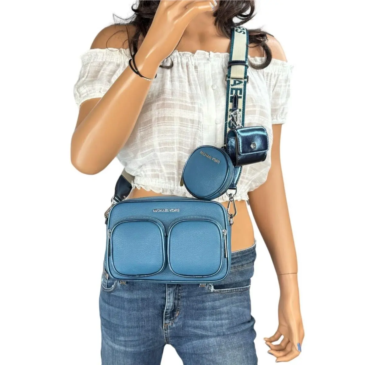 Jet Set Item Medium Crossbody Bag Tech Attached MK Signature/solid TEAL by Michael Kors