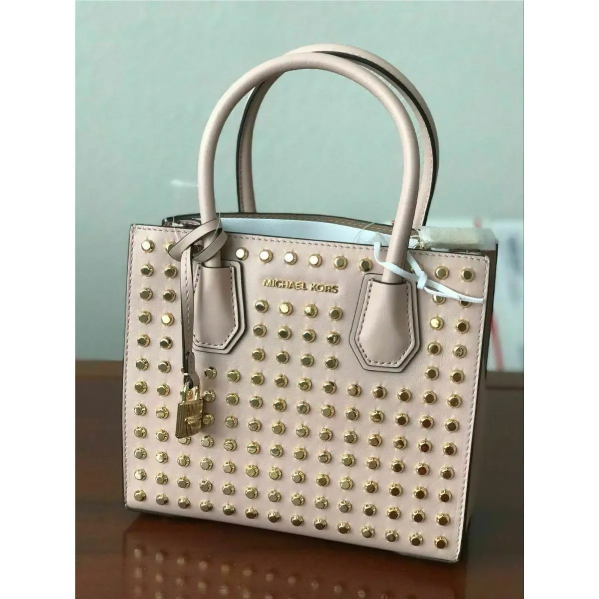 Michael Kors Mercer Studded Medium Messenger Satchel Ballet Black Rasberry