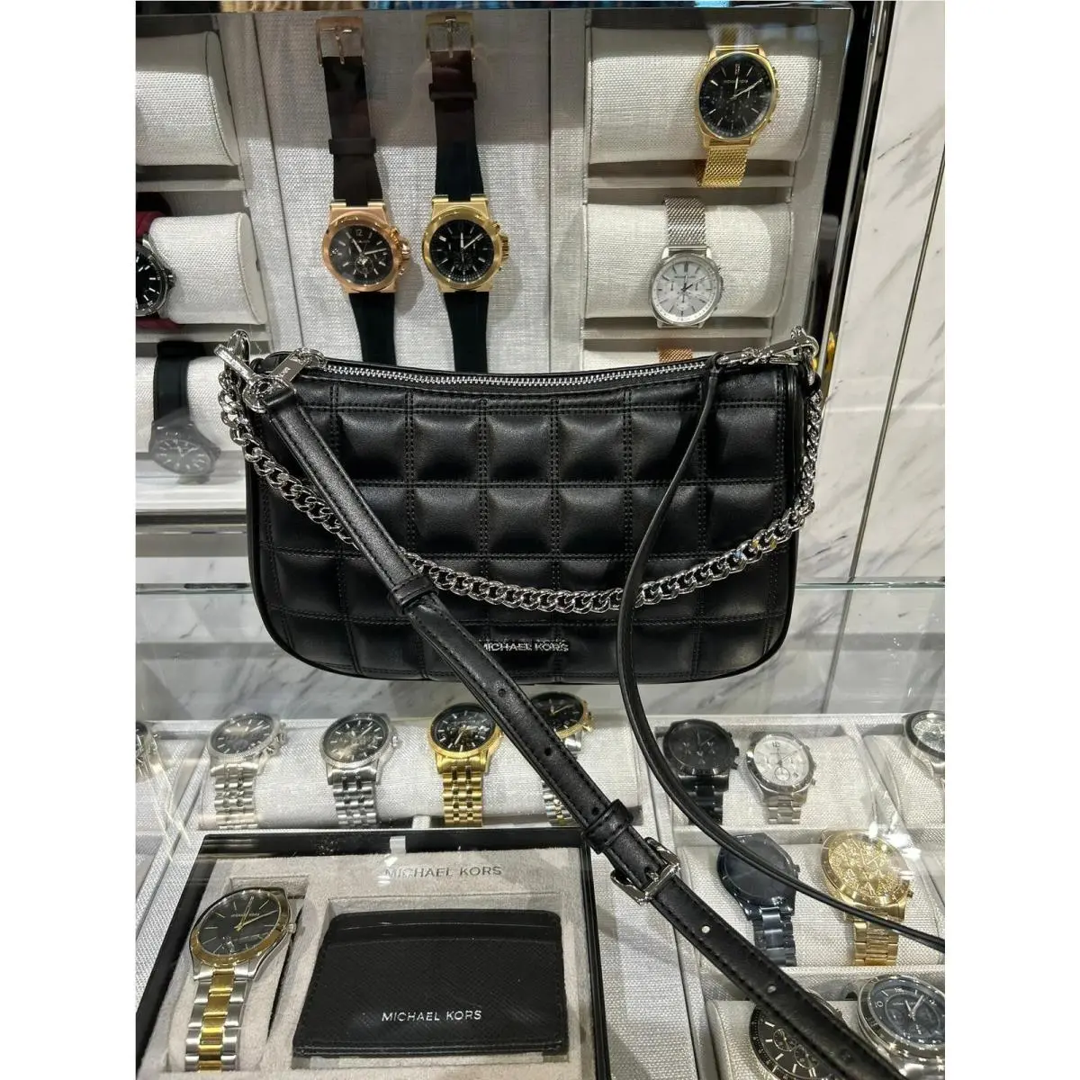 Carmela Medium Women Pouchette Quilted Chain Strap Crossbody Bag BLACK by Michael Kors