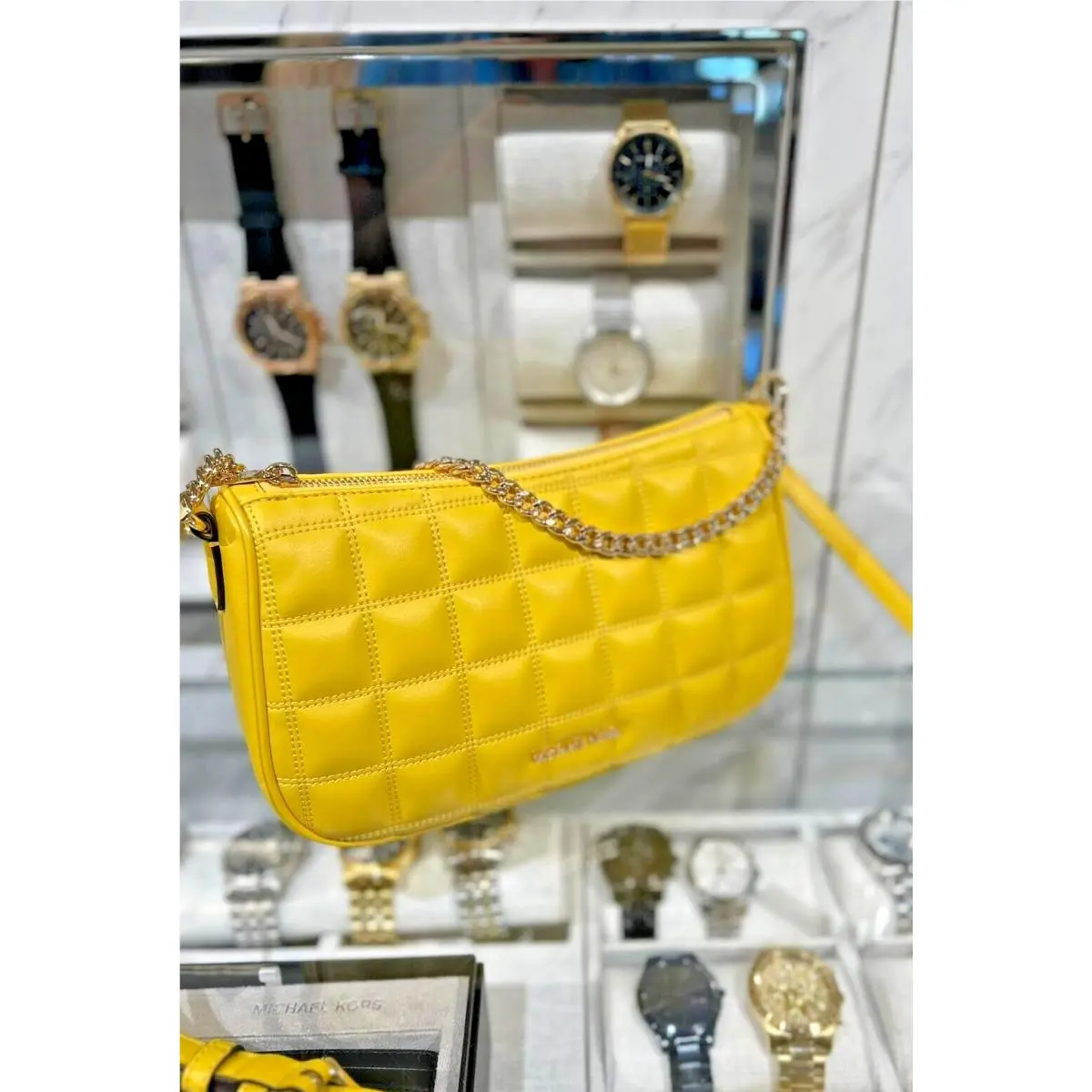 Carmela Medium Women Pouchette Quilted Chain Strap Crossbody Bag DAISY YELLOW by Michael Kors