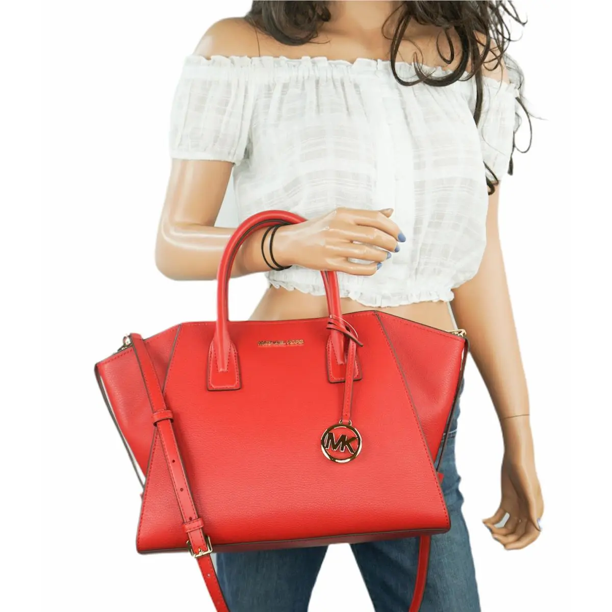 Avril Large Top Zip Satchel Shoulder Crossbody Bag RED FLAME by Michael Kors