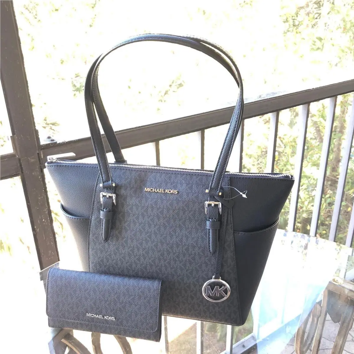 Charlotte Pvc or Leather Top Handbag Shoulder Bag +trifold Wallet BLACK by Michael Kors