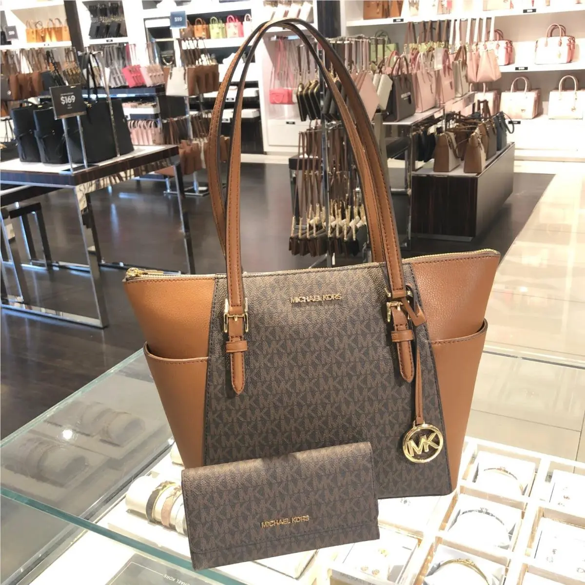 Charlotte Pvc or Leather Top Handbag Shoulder Bag +trifold Wallet MK BROWN by Michael Kors