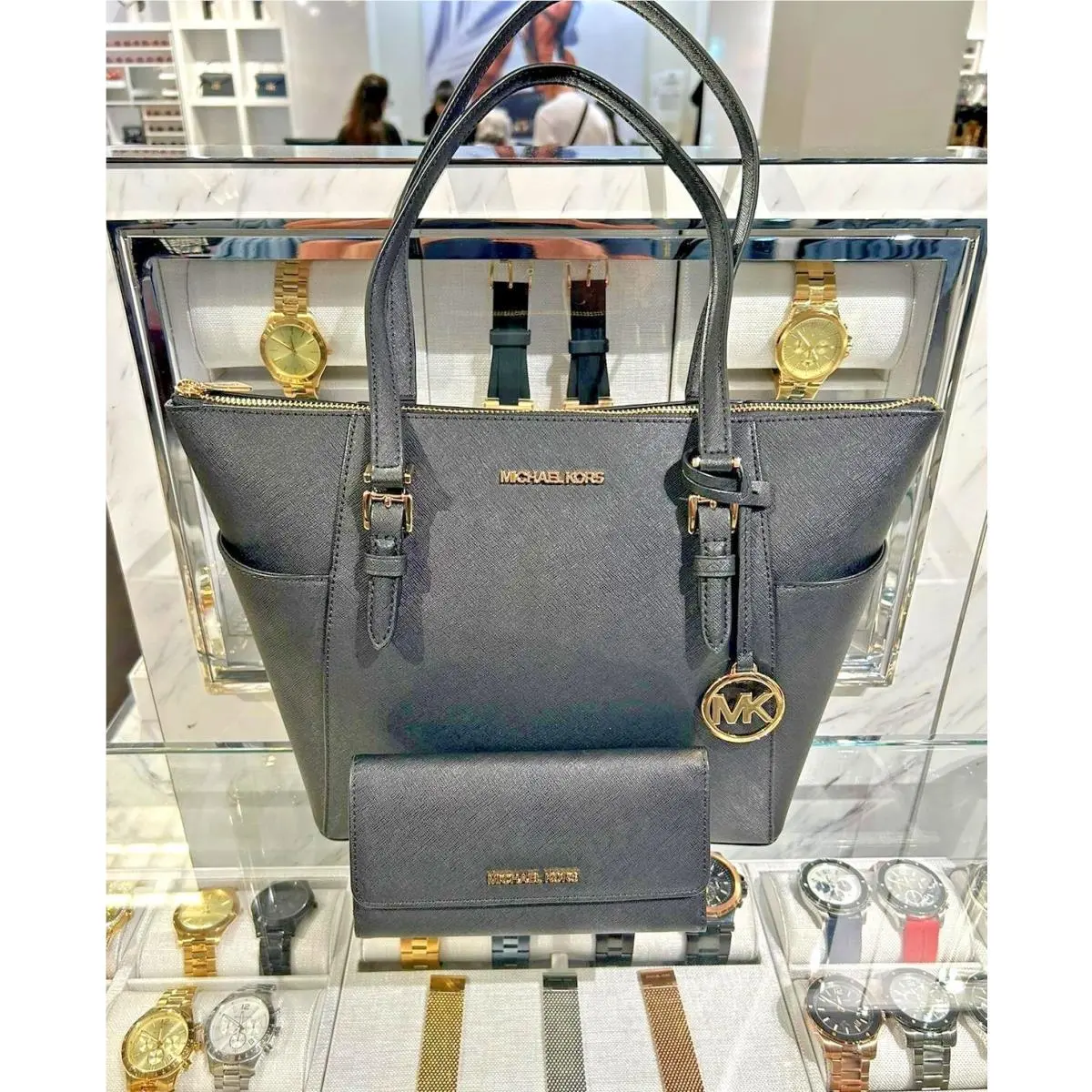 Charlotte Pvc or Leather Top Handbag Shoulder Bag +trifold Wallet SOLID BLACK by Michael Kors