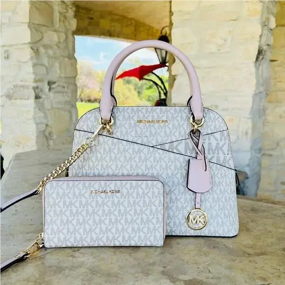 Jet Set Dome Satchel Shoulder Bag +wallet Powdered Blush Signature Handbag+Wallet by Michael Kors