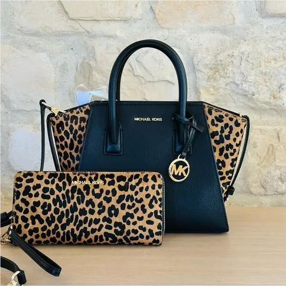 Avril Top Zip Satchel Black Brown Leopard Calf Hair Wallet Option handbag+Wallet by Michael Kors