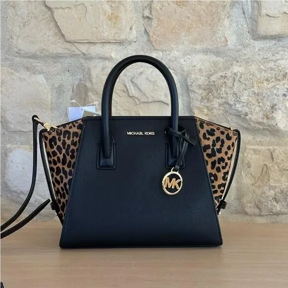 Avril Top Zip Satchel Black Brown Leopard Calf Hair Wallet Option handbag by Michael Kors