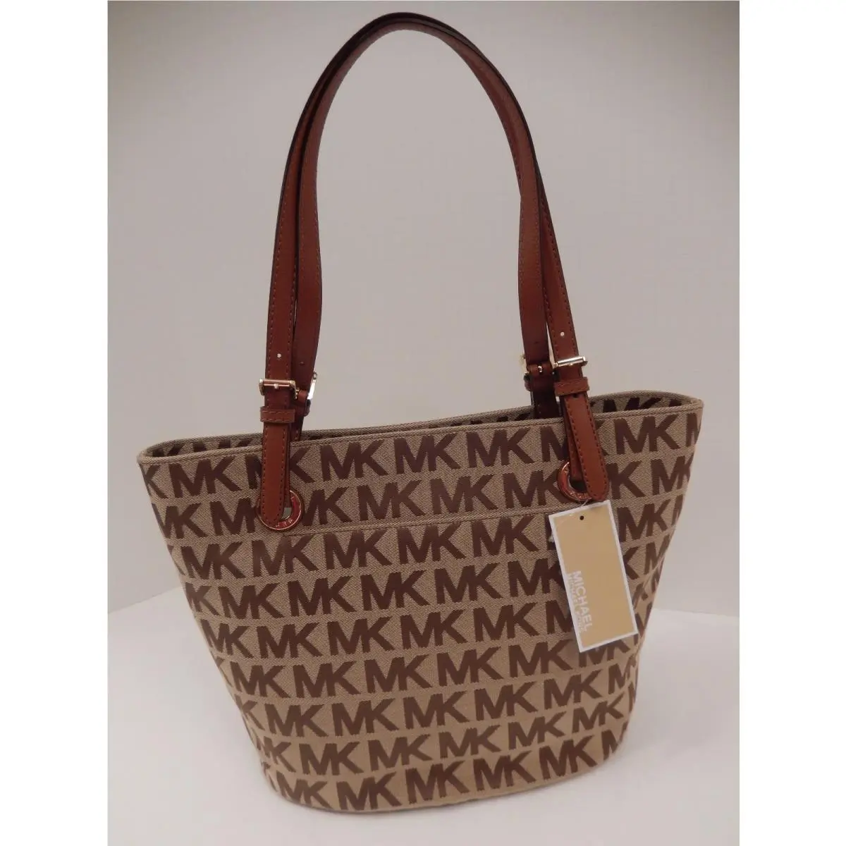 Beige Camel Black Gray Gold Signature Handbag MD Tote Beige/Ebony/Luggage by Michael Kors