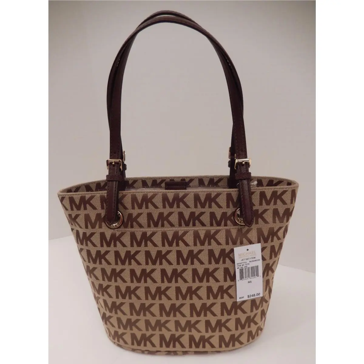 Beige Camel Black Gray Gold Signature Handbag MD Tote Beige/Ebony/Mocha by Michael Kors