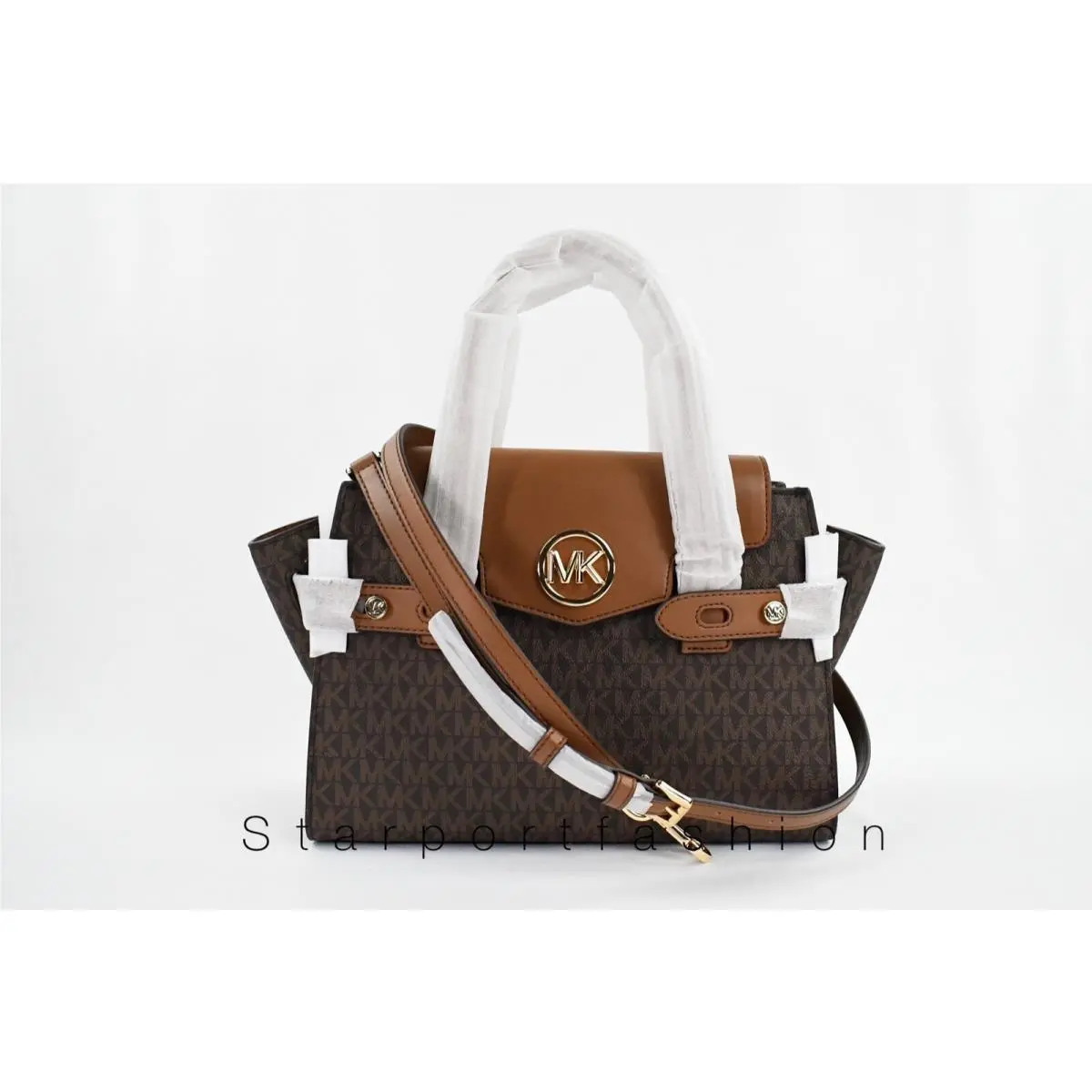 Carmen Medium Flap Satchel Signature MK Logo Pvc Bag Handbag Brown Logo by Michael Kors