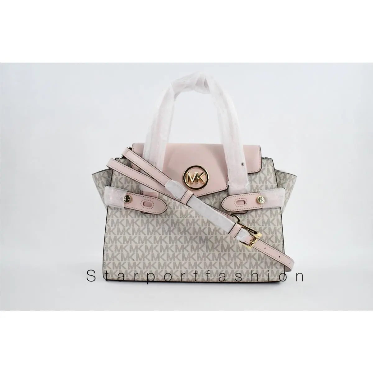 Carmen Medium Flap Satchel Signature MK Logo Pvc Bag Handbag Pink Vanilla by Michael Kors