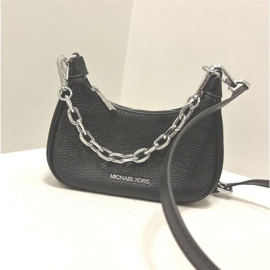 Cora Ladies Leather Mini Zip Pouchette Shoulder Crossbody Bag BLACK by Michael Kors