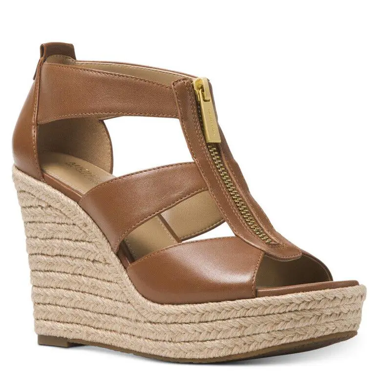 Michael Kors Damita Espadrille Wedge Sandal Platform Zip Luggage Leather