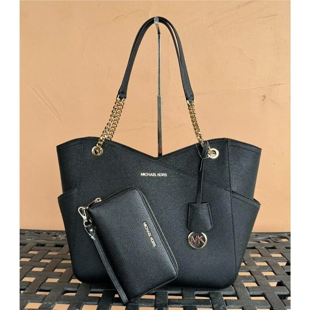 Jet Set Travel Large Chain Shoulder Tote Bag + Phone Wallet Set Black by Michael Kors