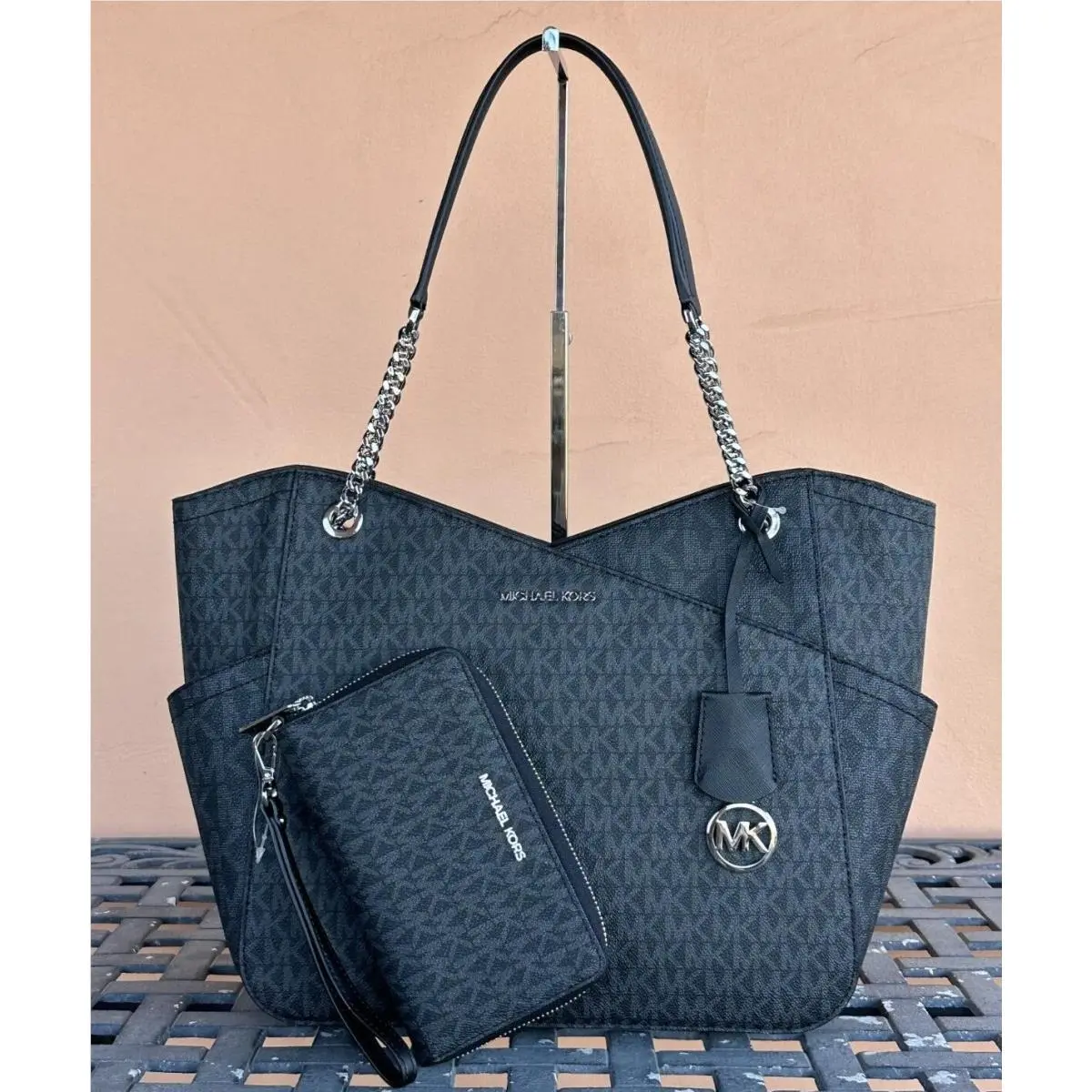 Jet Set Travel Large Chain Shoulder Tote Bag + Phone Wallet Set MK BLACK by Michael Kors