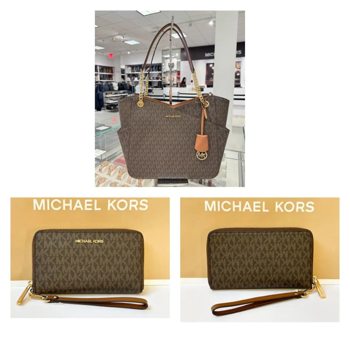 Jet Set Travel Large Chain Shoulder Tote Bag + Phone Wallet Set MK BROWN by Michael Kors