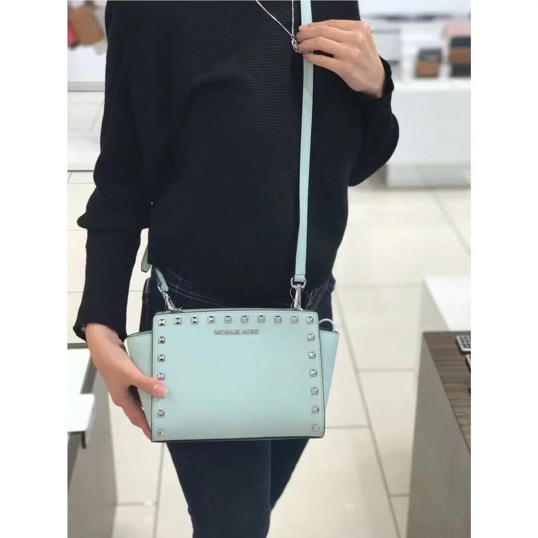 Michael Kors MD Stud Selma Pastel Saffiano Leather Crossbody Handbag Celadon