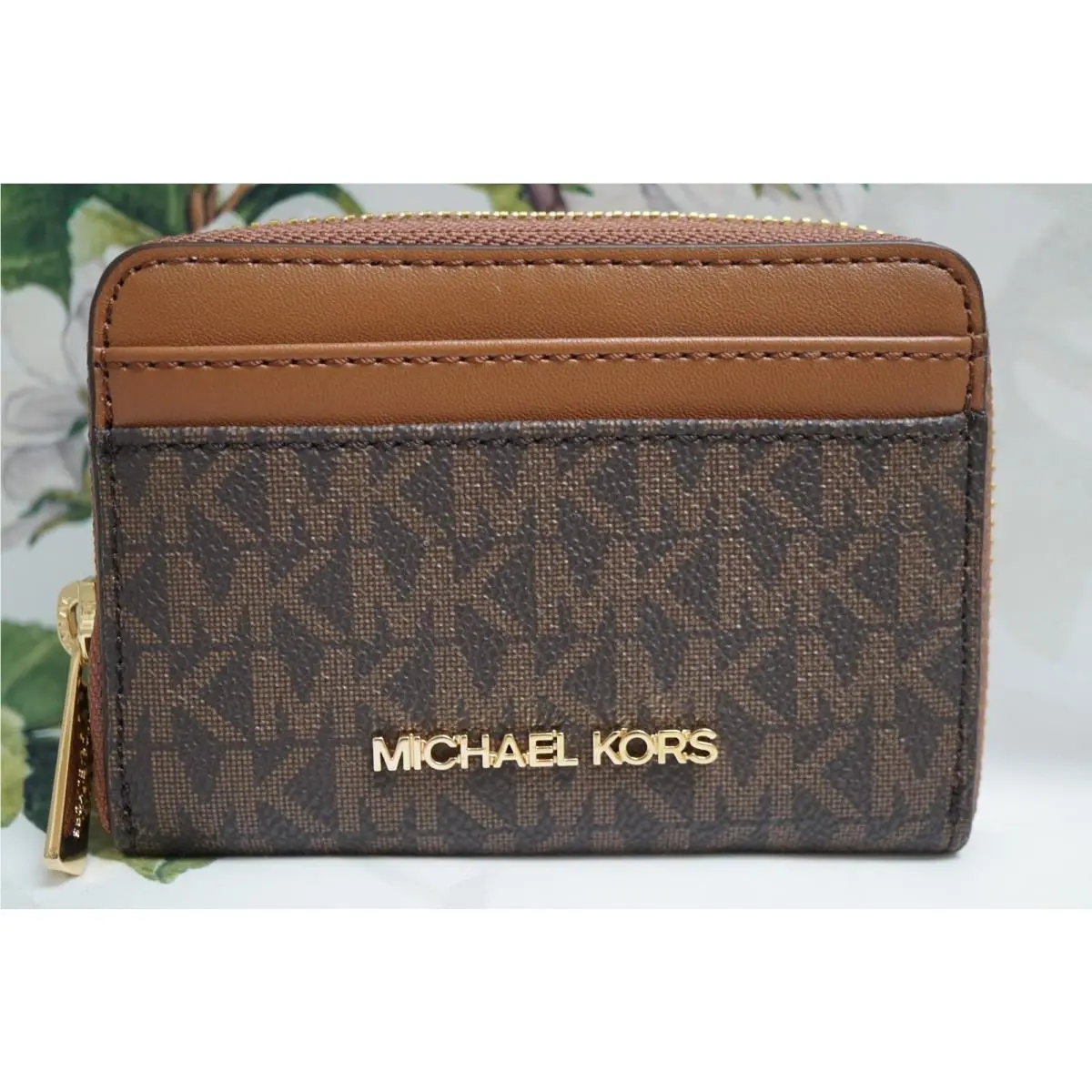 Jet Set Travel Medium Zip Around Card Case Wallet MK Signature Brown / Acorn / Gold by Michael Kors