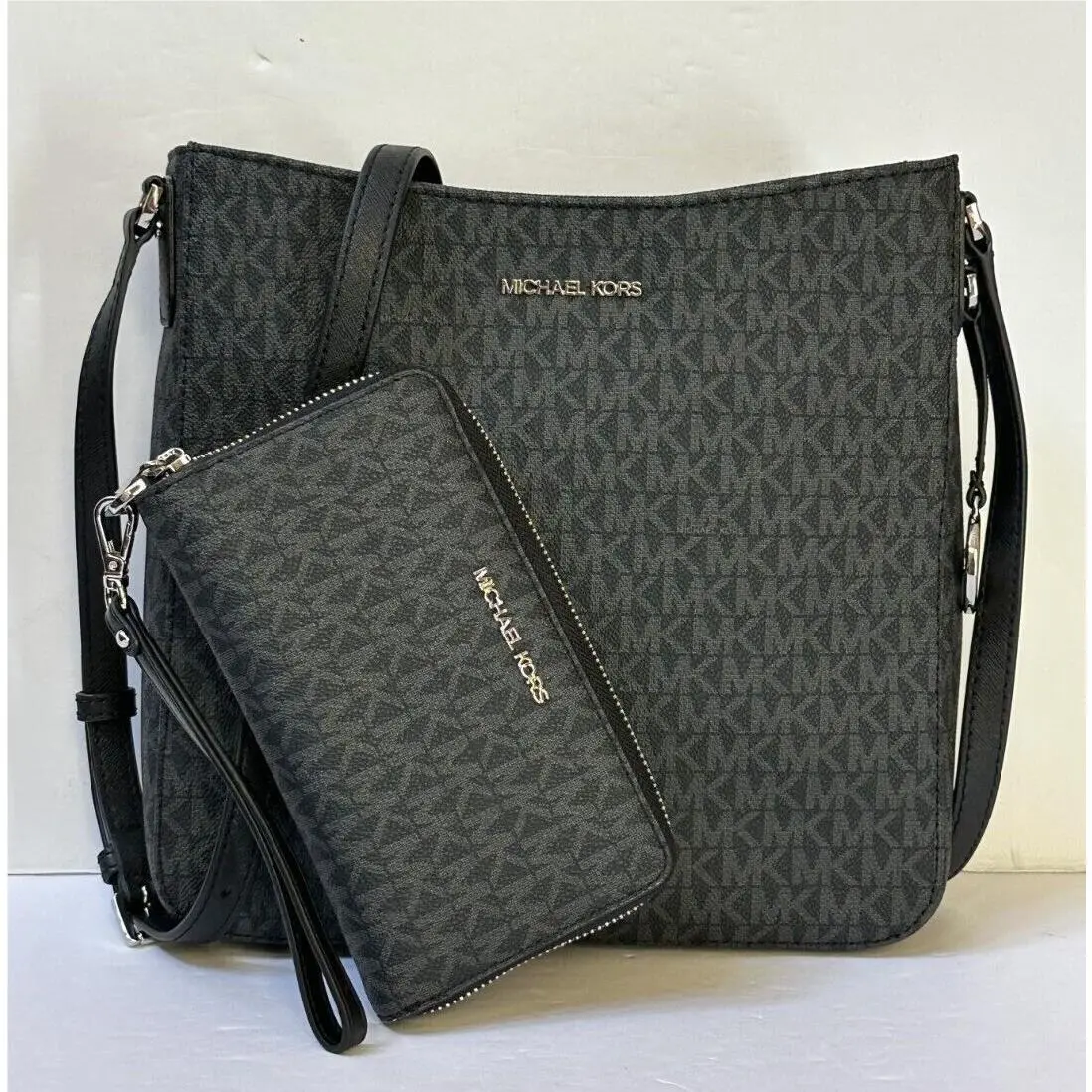 Jet Set Travel Large Shoulder Messenger Bag + Phone Wallet Set Black/Silver Toned Hardware by Michael Kors