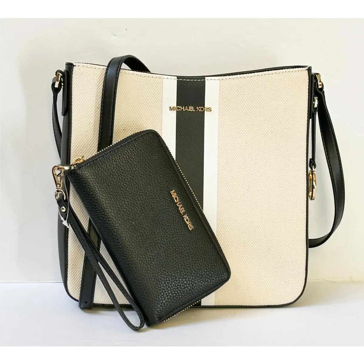Jet Set Travel Large Shoulder Messenger Bag + Phone Wallet Set CENTER STRIPE BLACK by Michael Kors