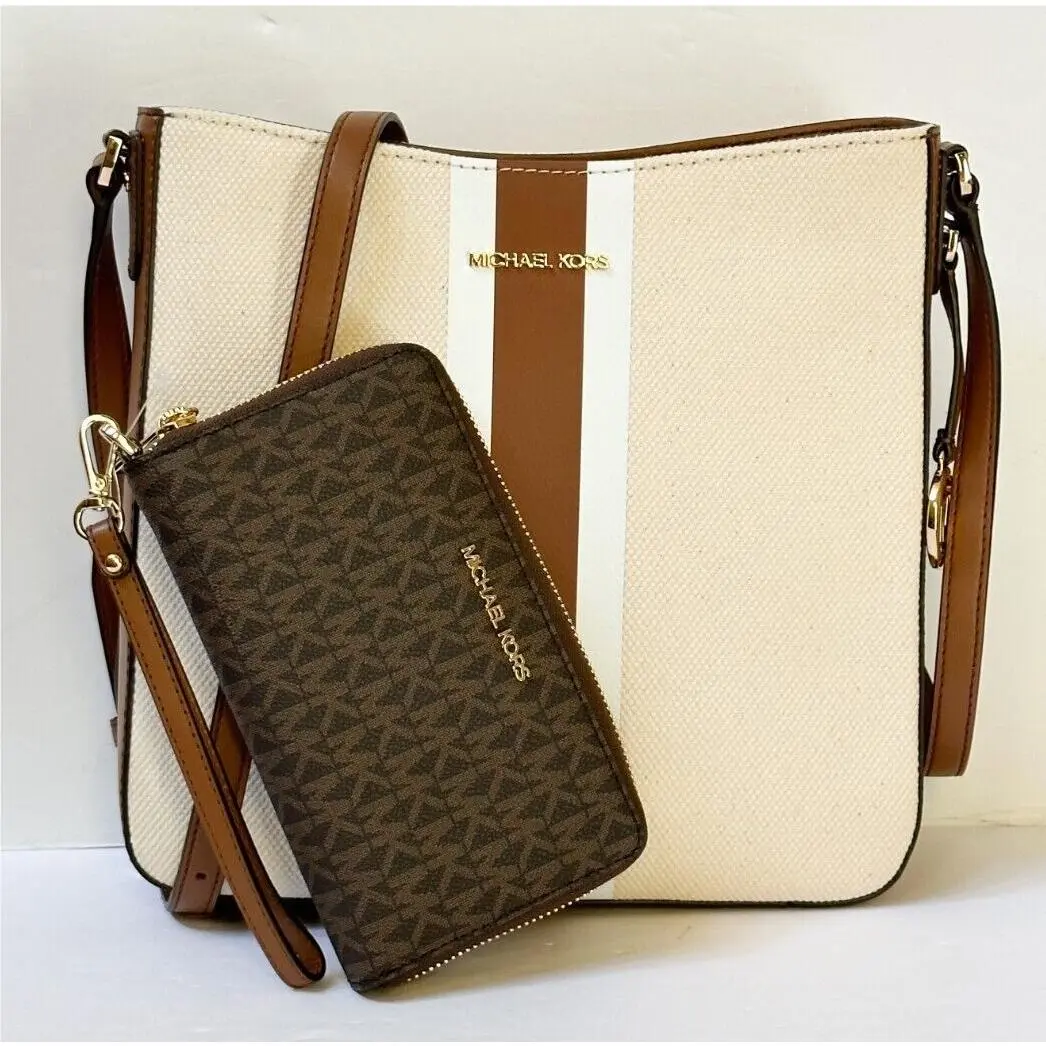 Jet Set Travel Large Shoulder Messenger Bag + Phone Wallet Set CENTER STRIPE LUGGAGE by Michael Kors
