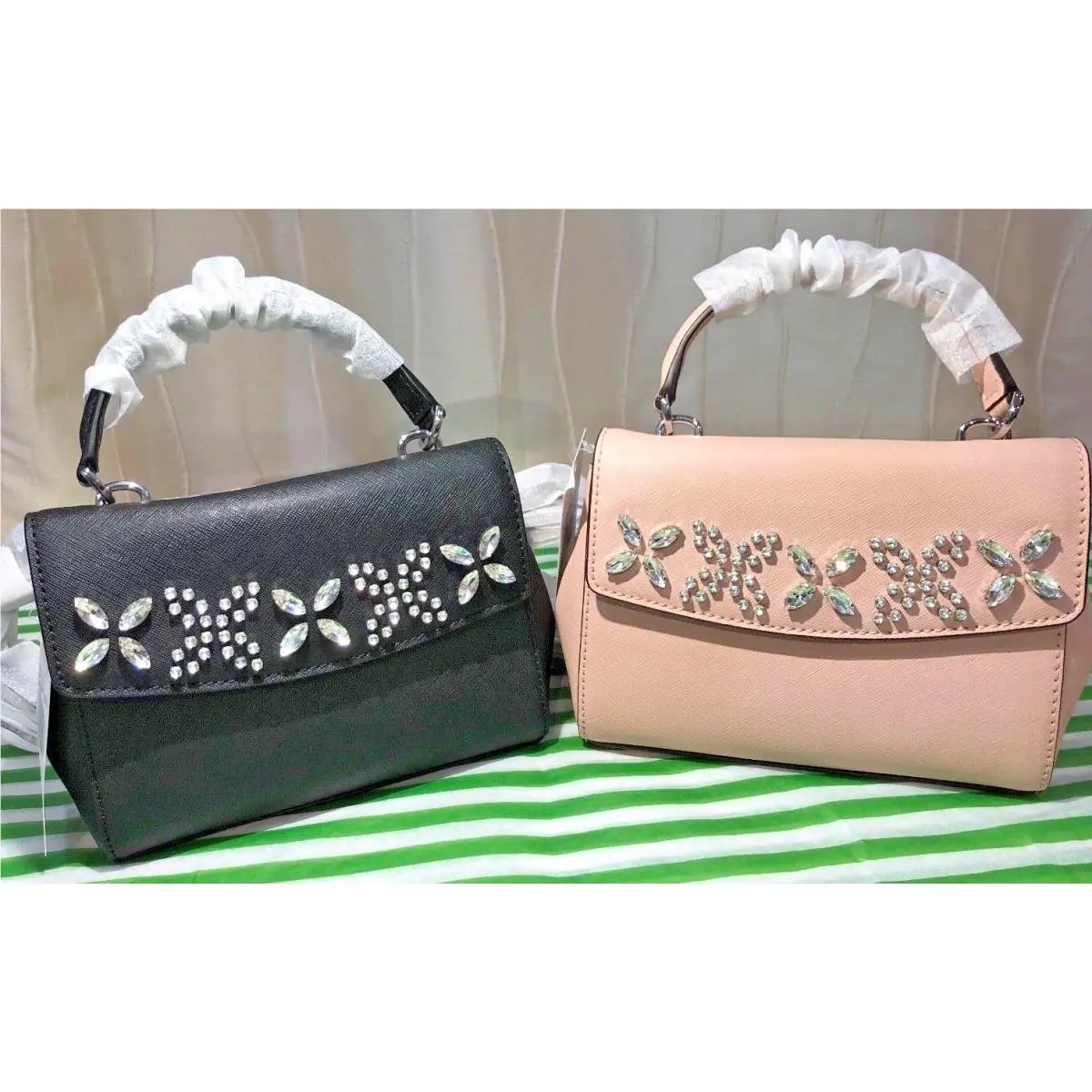 Michael Kors MK Ava Crystal Jewel Satchel Crossbody Bag Leather Pink Black