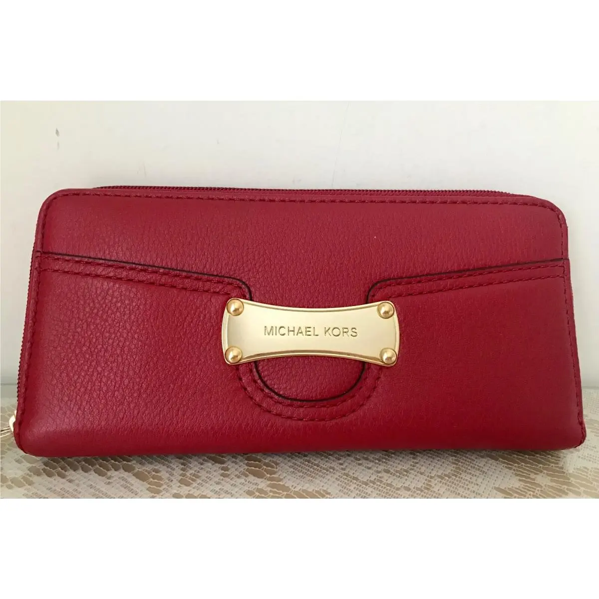 Leather Saratoga Zip Continental Wallet Red Navy Luggage Scarlet by Michael Kors