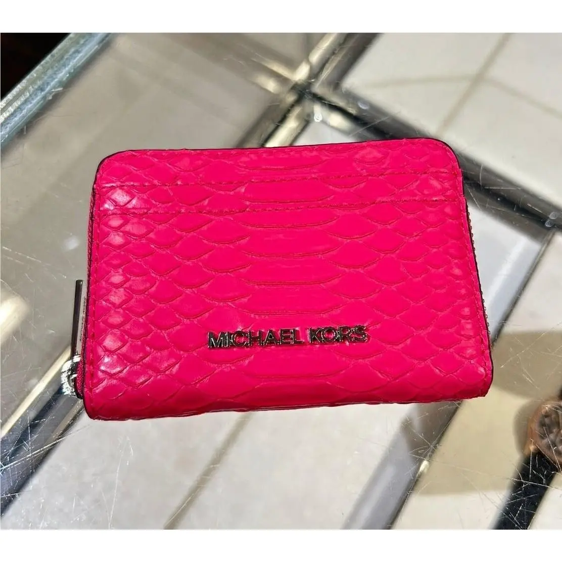 Women Pvc or Leather Medium Zip Around Card Case Coin Pouch Wallet ELECTRIC PINK by Michael Kors