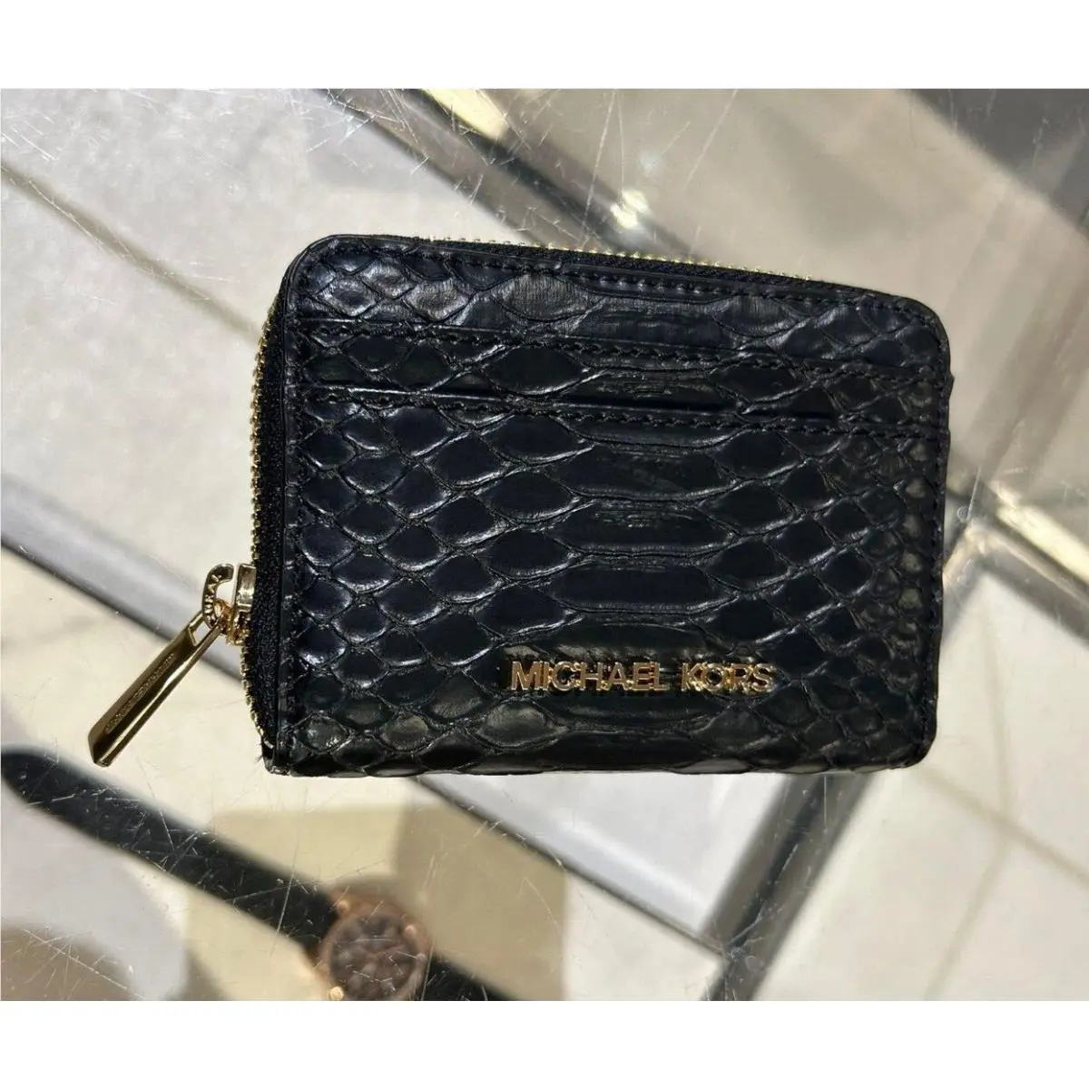 Women Pvc or Leather Medium Zip Around Card Case Coin Pouch Wallet BLACK by Michael Kors