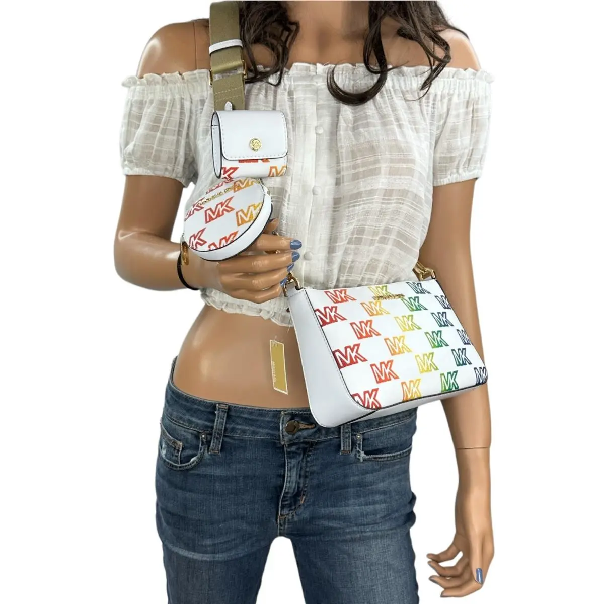 Jet Set Travel Small Crossbody Bag Tech Attached MK Signature/solid MK Rainbow Optic White Multi by Michael Kors