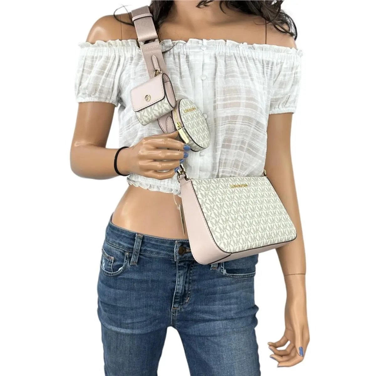 Jet Set Travel Small Crossbody Bag Tech Attached MK Signature/solid MK VANILLA PINK by Michael Kors