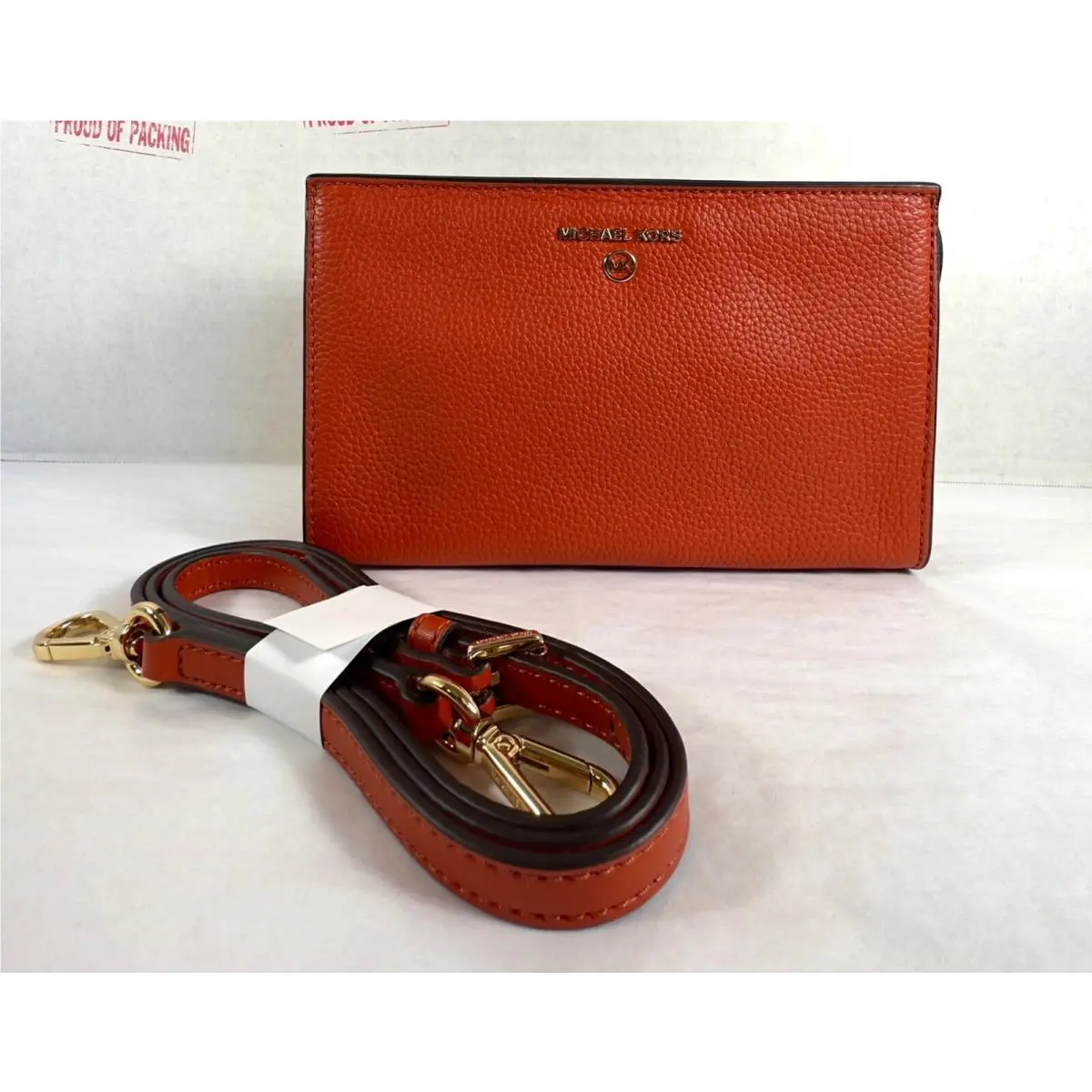 Valerie Small Top Zip Pebbled Leather Crossbody Clutch Bag ORANGE LEATHER/GOLD by Michael Kors