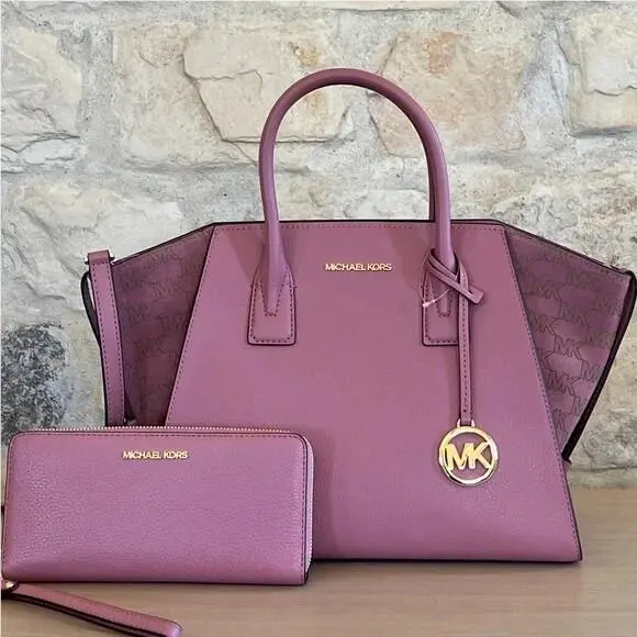 Michael Kors Avril LG Rose Signature Leather Top Zip Satchel Bag/ Wallet Options