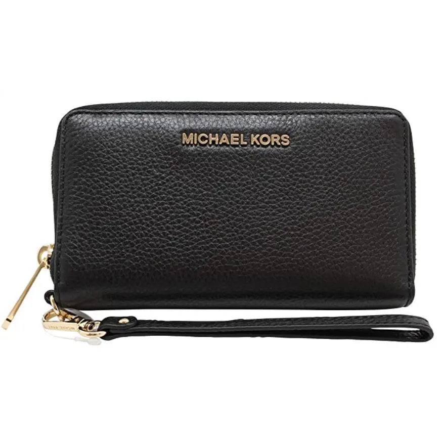 Michael Kors Jet Set Large Phone Wristlet Wallet MK Signature Black Pebbled Leather