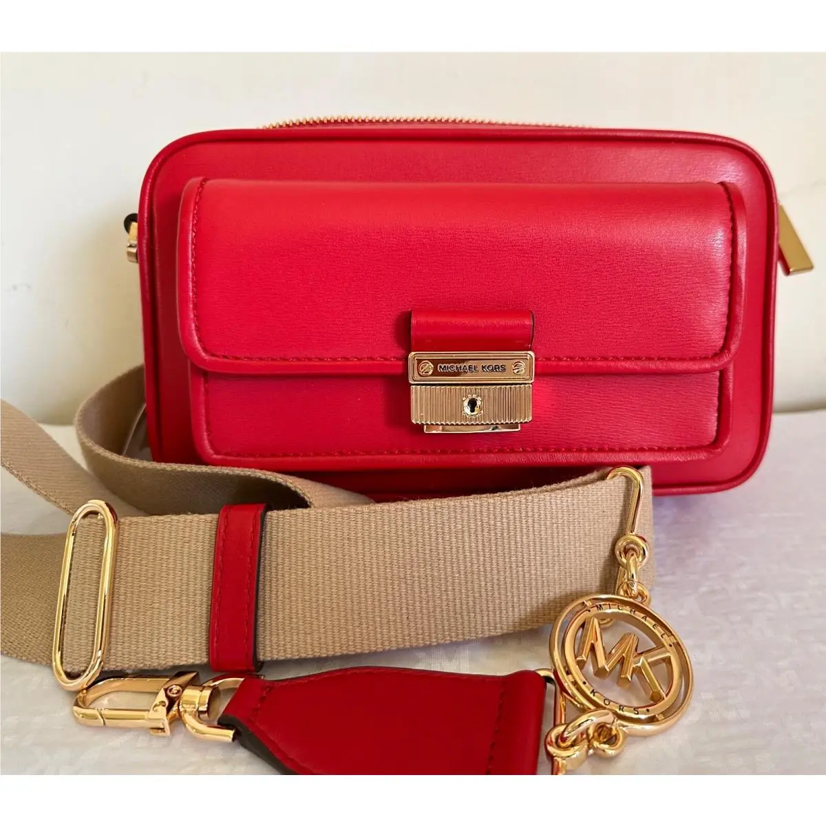 Bradshaw Medium Leather Messenger Camera Crossbody Bag Crimson RED/GOLD by Michael Kors
