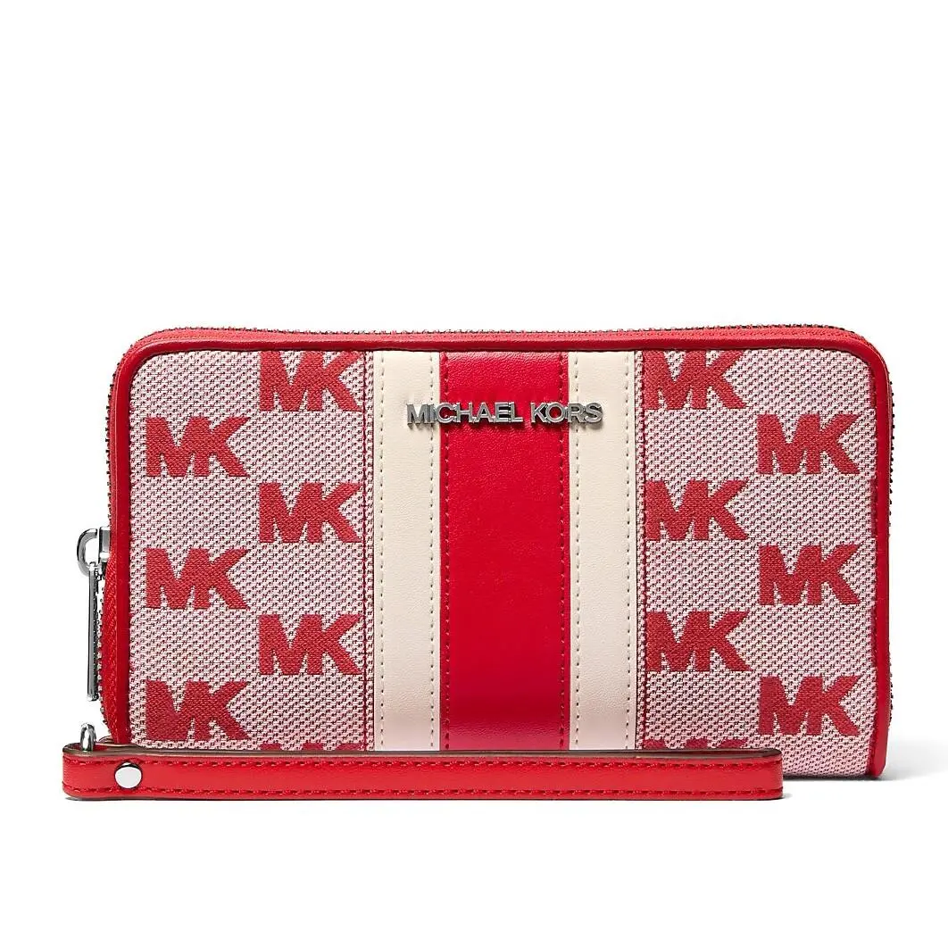 Jet Set Travel Medium Smartphone Phone Wristlet Wallet Bright Red (Striped Logo Jacquard) by Michael Kors