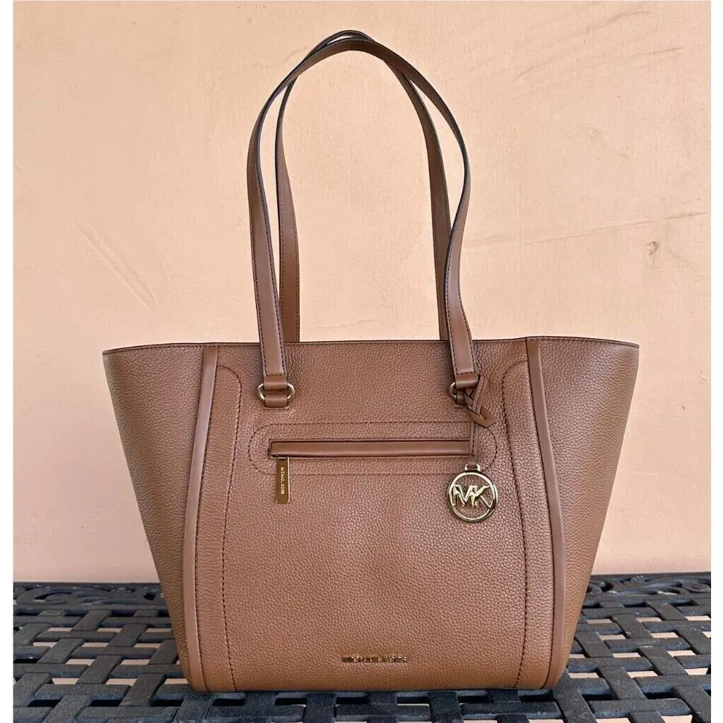 Carine Large Front Zip Pocket Shoulder Tote Leather Bag BROWN by Michael Kors