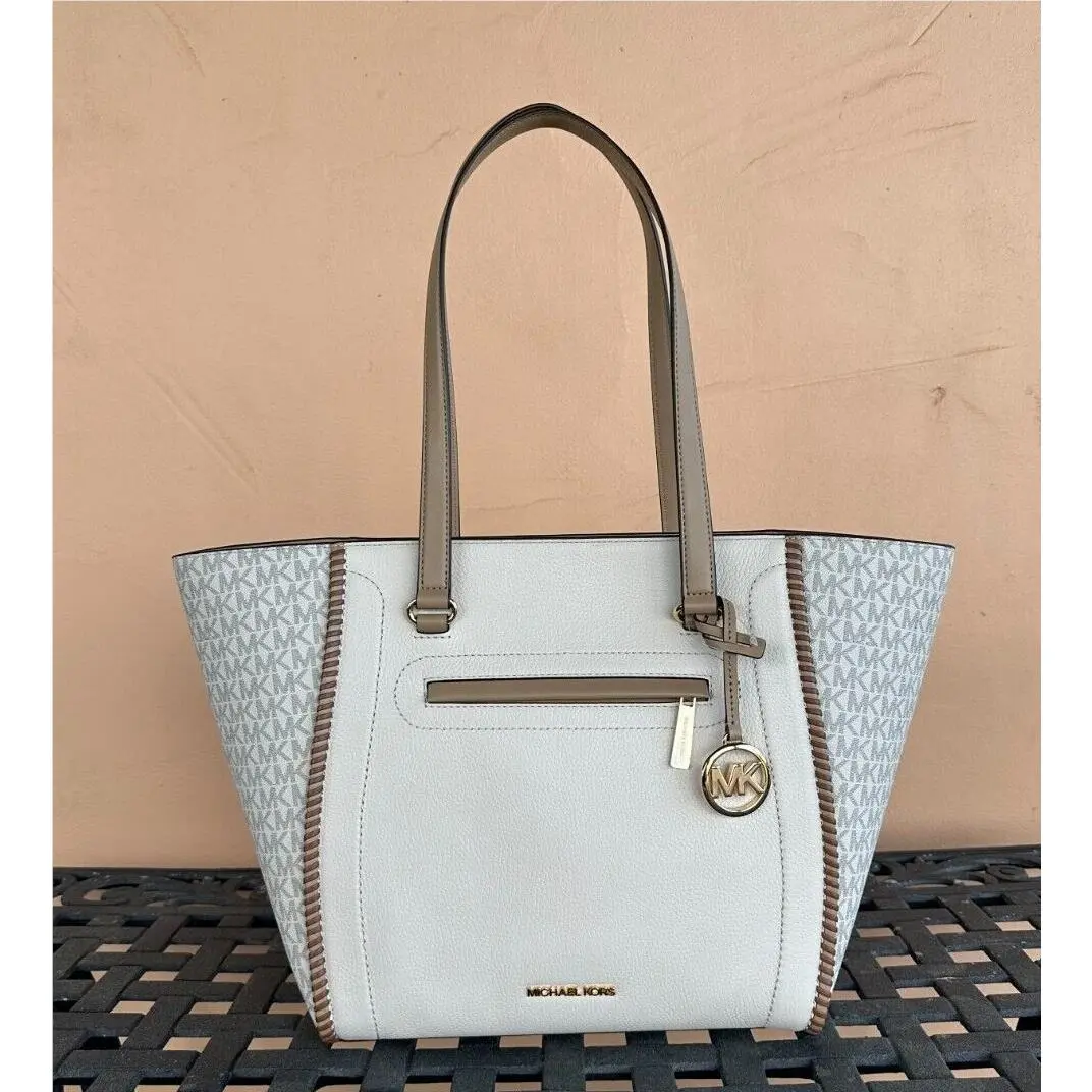 Carine Large Front Zip Pocket Shoulder Tote Leather Bag MK Light Cream Multi by Michael Kors
