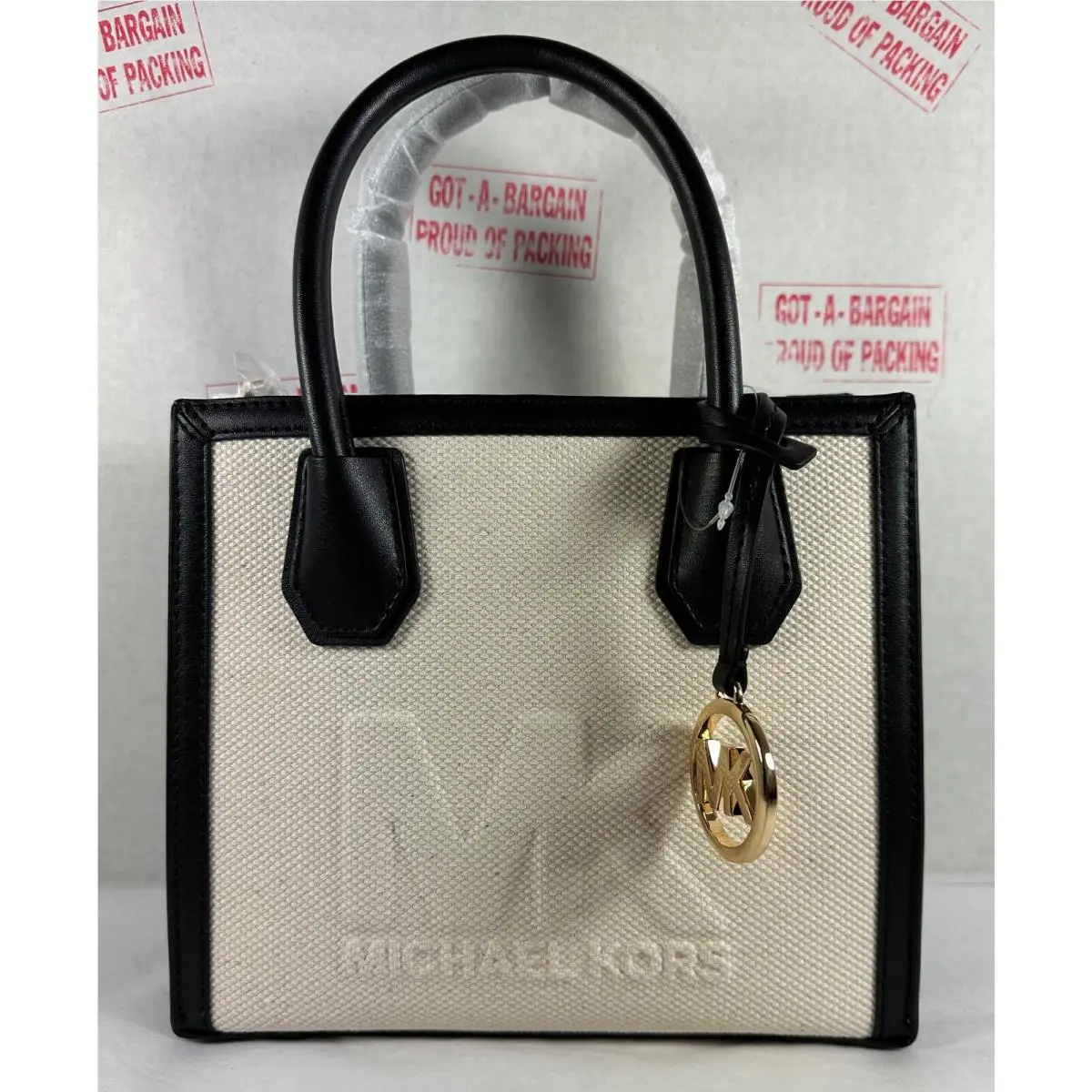 Mercer Medium Logo Embossed Cotton Canvas Satchel Crossbody Bag Black/Gold by Michael Kors