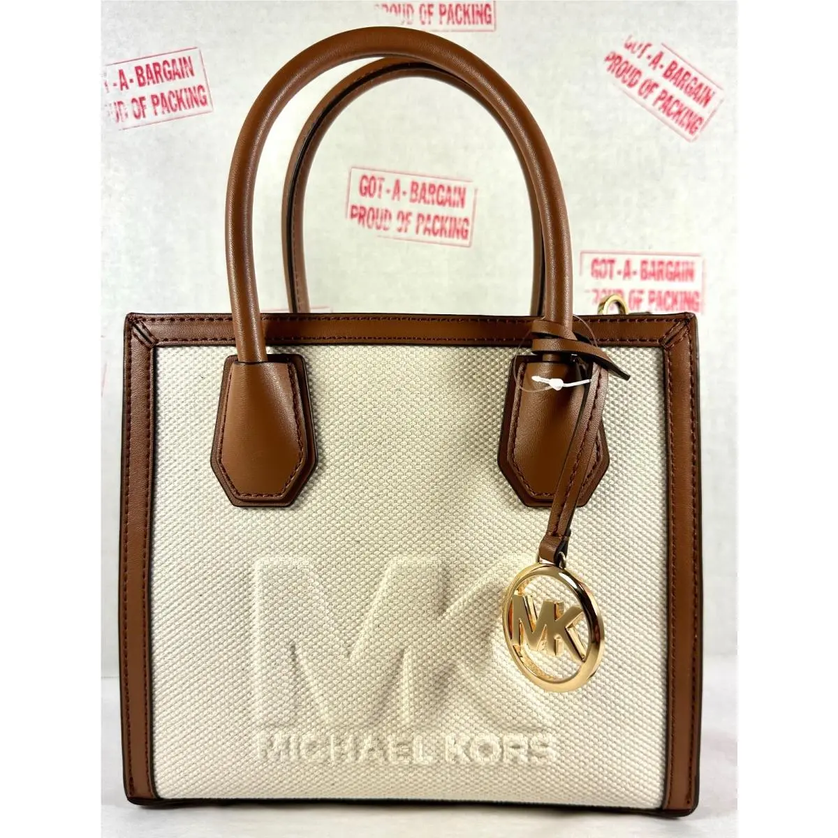 Mercer Medium Logo Embossed Cotton Canvas Satchel Crossbody Bag Luggage/Gold by Michael Kors