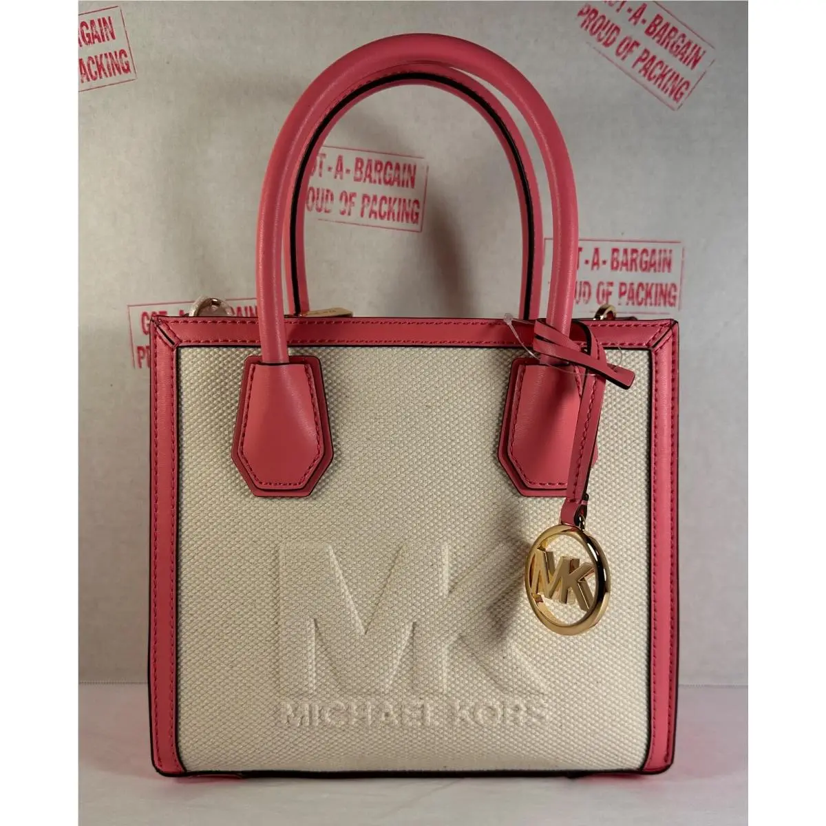 Mercer Medium Logo Embossed Cotton Canvas Satchel Crossbody Bag Tearose/Gold by Michael Kors