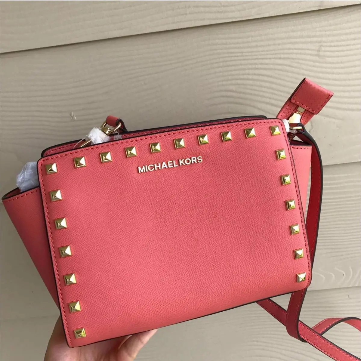 MD Stud Selma Pastel Saffiano Leather Crossbody Handbag Coral by Michael Kors