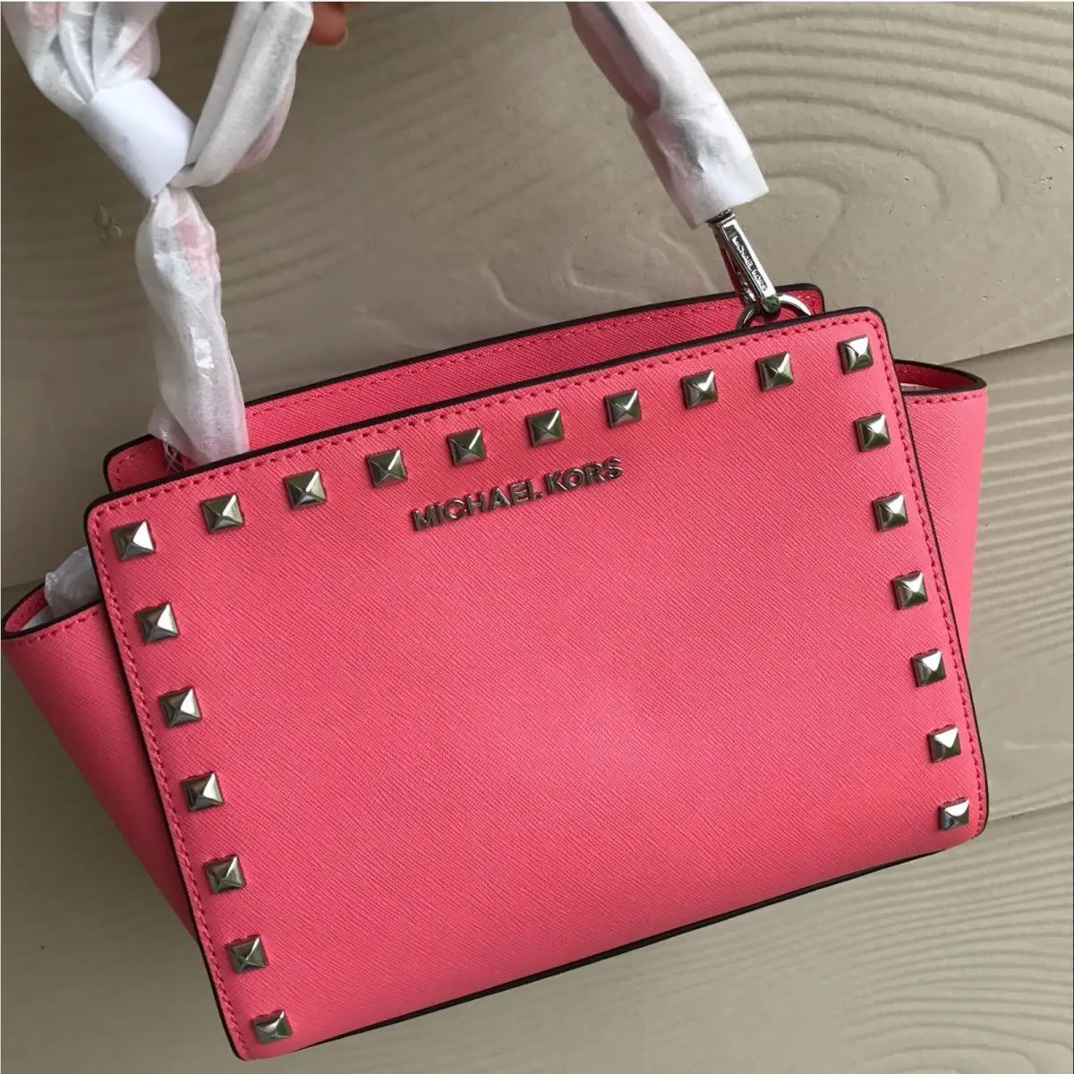 MD Stud Selma Pastel Saffiano Leather Crossbody Handbag Pink Grape Fruit by Michael Kors
