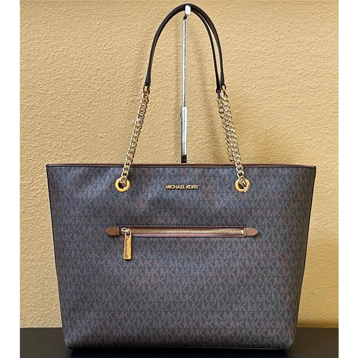 Jet Set Item Large Front Pocket Chain Shoulder Tote Bag MK Signature Brown by Michael Kors