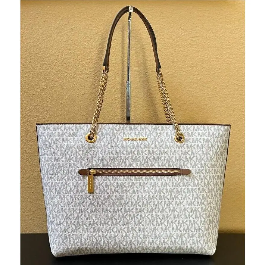 Jet Set Item Large Front Pocket Chain Shoulder Tote Bag MK Signature Vanilla by Michael Kors