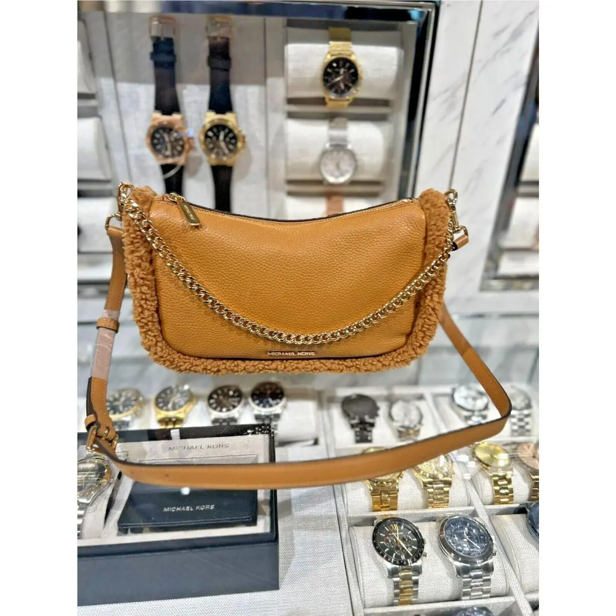 Carmela Medium Shearling Leather Pouchette Crossbody Bag Handbag DEER MULTI by Michael Kors
